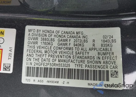 2024 Honda Civic Sport from USA, damaged, VIN 2HGFE2F50RH553025
